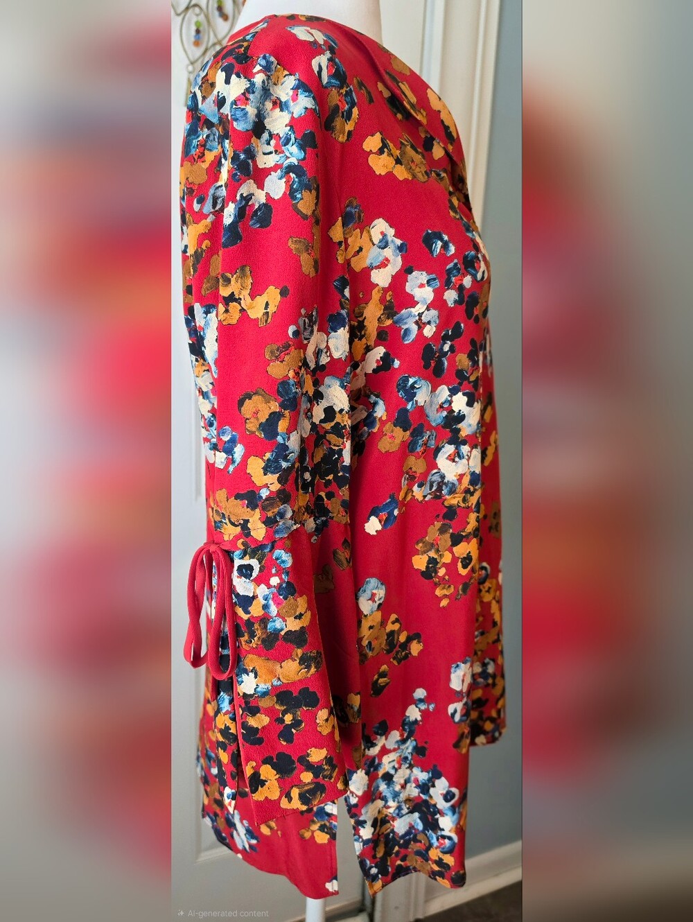 Lafayette 148 New York Sela Floral Print Silk Blouse Womens S Red 3/4 Bell Sleev - Picture 5 of 12